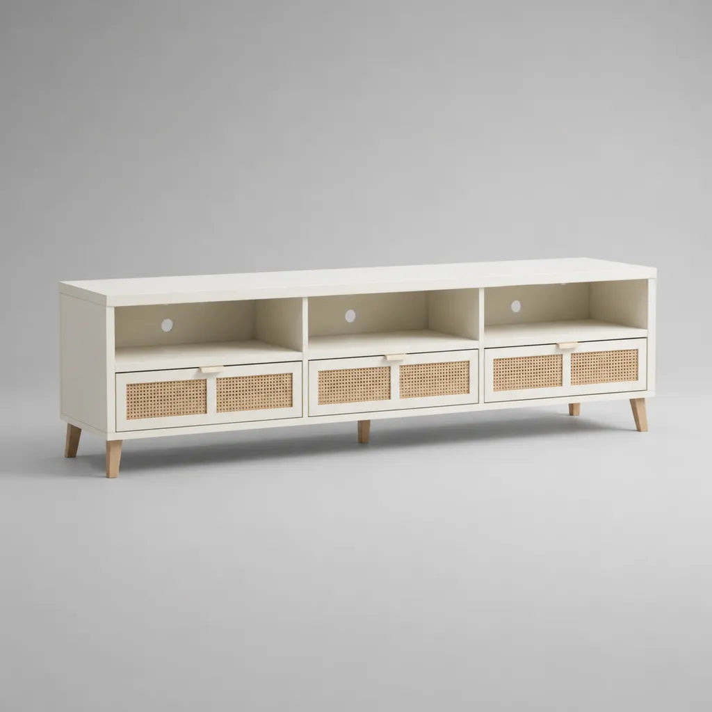 TV-Lowboard aus MDF und Rattangeflecht mit 3 Schubladen und 3 offenen Fächern, Weiß/Natur, 180 × 40 × 60 cm