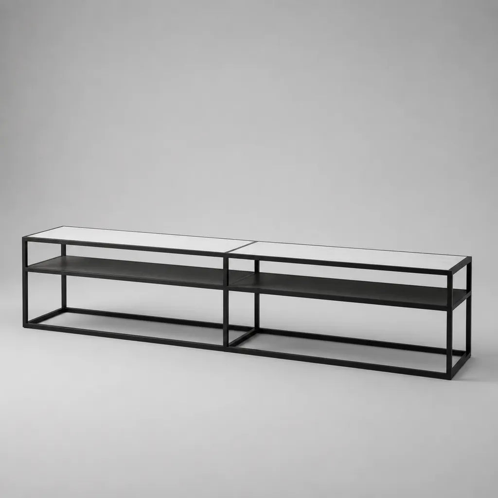 TV-Lowboard 2er-Set aus Stahl und Glas, Schwarz/Transparent, 200 × 40 × 45 cm