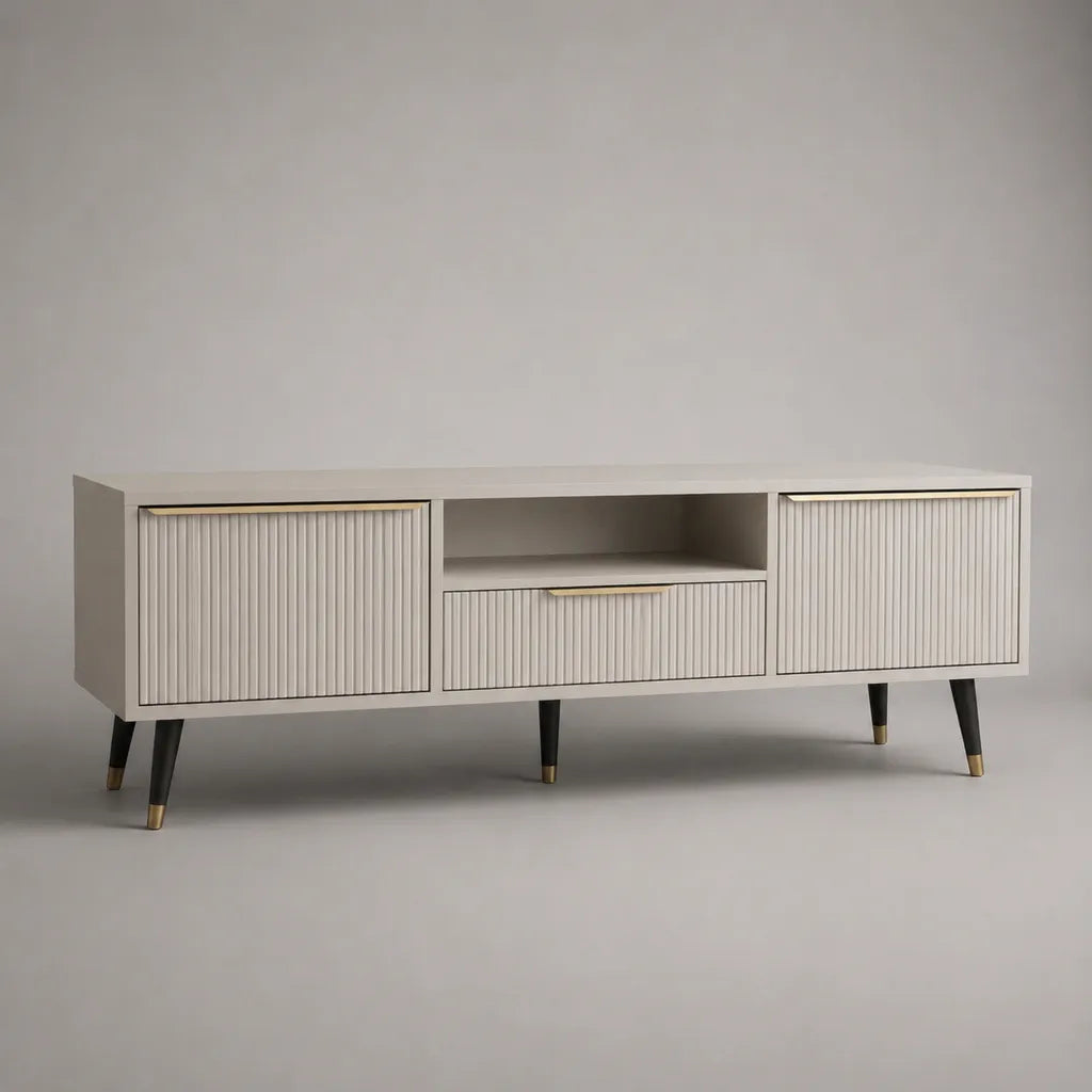TV-Lowboard aus MDF mit 2 Türen, 1 Schublade und offenem Fach, Hellgrau, 160 × 40 × 65 cm