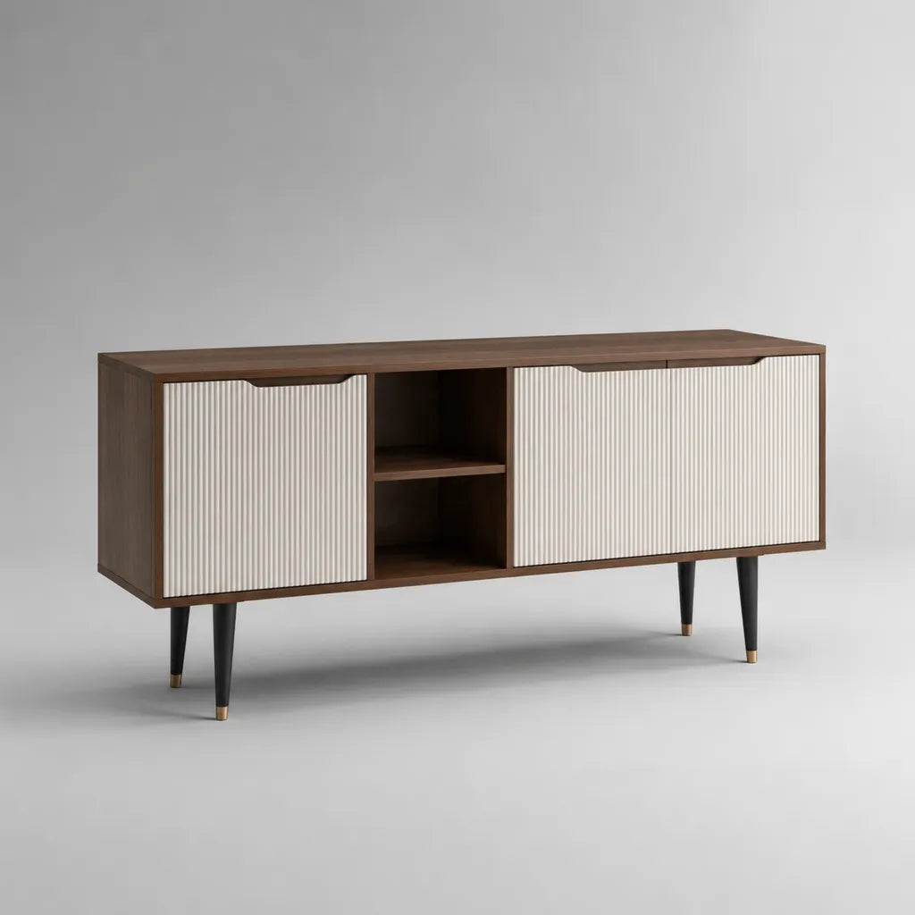 Fernsehschrank aus Spanplatte und MDF mit 3 Türen und 2 offenen Fächern, Walnussbraun und Cremeweiß, 160 × 40 × 75 cm
