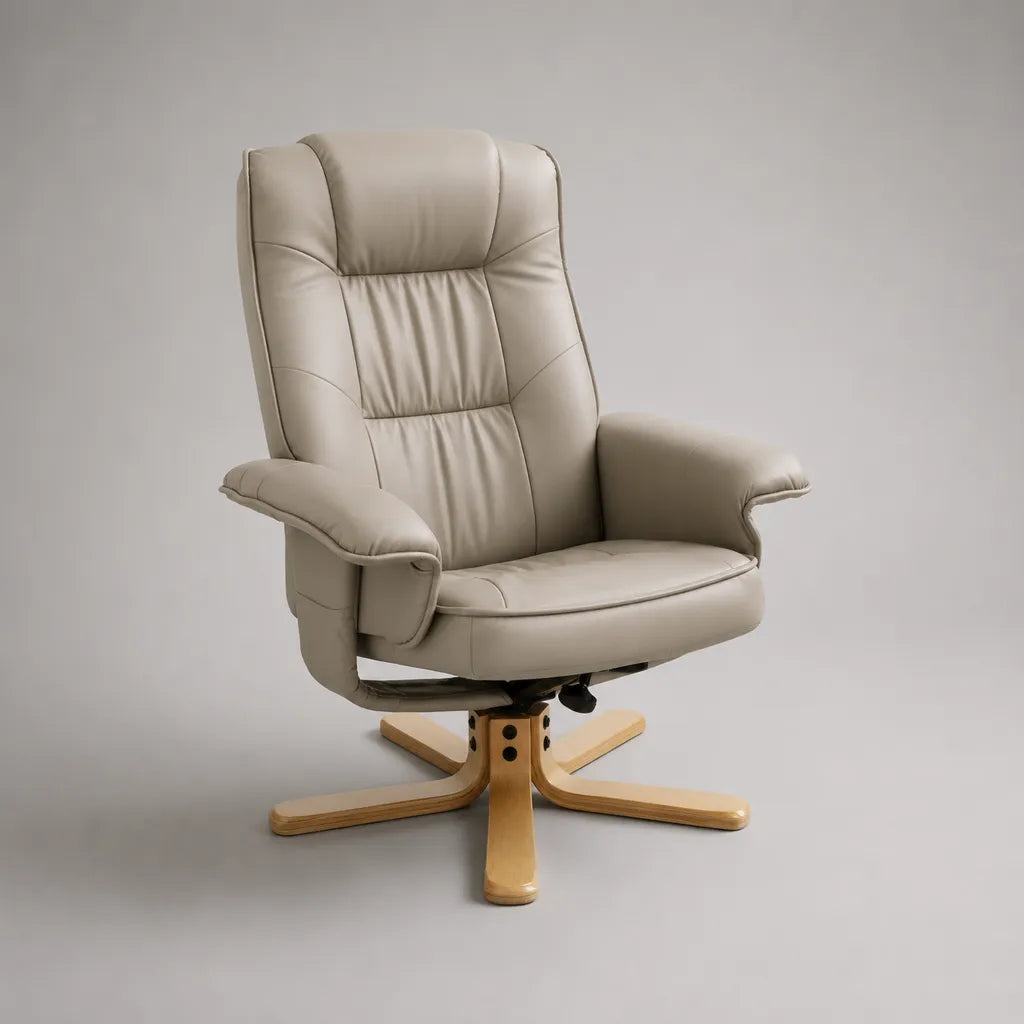 Relaxsessel und Drehsessel aus PU-Kunstleder mit Neigefunktion und Holzsternfuß, Beige, 82 × 90 × 105 cm