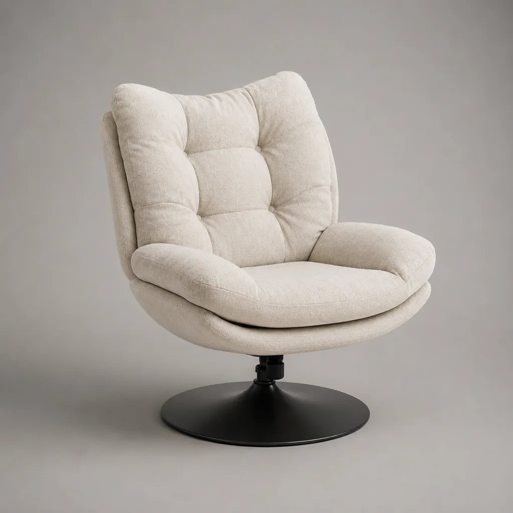 Drehsessel Loungesessel mit Armlehnen aus Polyester-Teddyfleece und rundem Stahlfuß, Creme/Schwarz, 88 × 82 × 96 cm