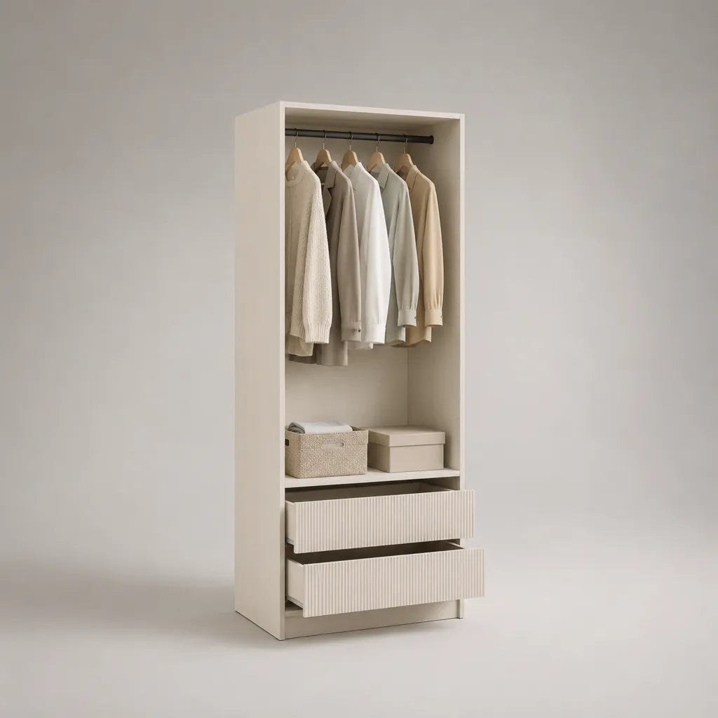 Offener Kleiderschrank aus melaminbeschichteter Spanplatte mit Kleiderstange und 2 Schubladen, Cremeweiß/Schwarz, 80 × 50 × 180 cm