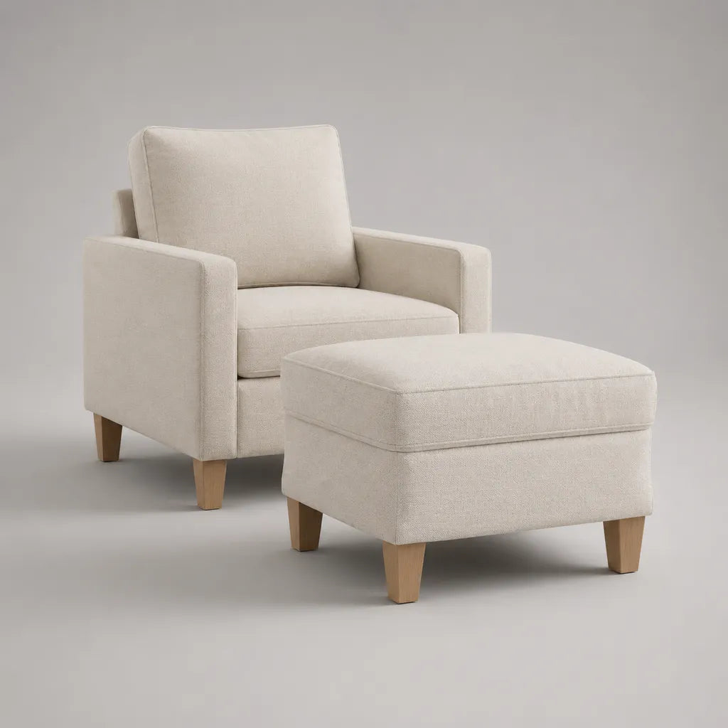 2-teiliges Polstersessel-Set mit rechteckigem Hocker, Polyester-Chenille, Creme/Natur, Sessel 78 × 82 × 88 cm, Hocker 65 × 52 × 43 cm