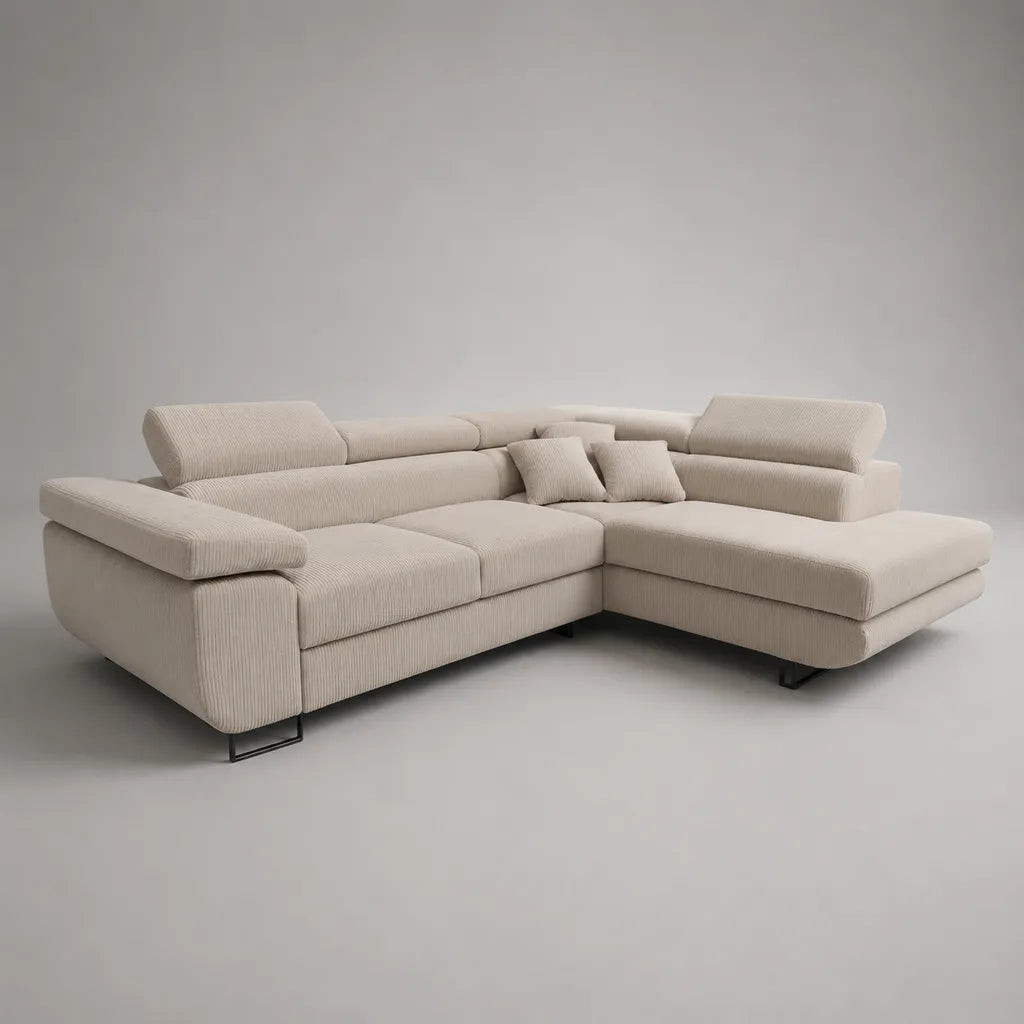 Ecksofa mit Ottomane rechts, Cordbezug, Beige, 285 × 210 × 90 cm