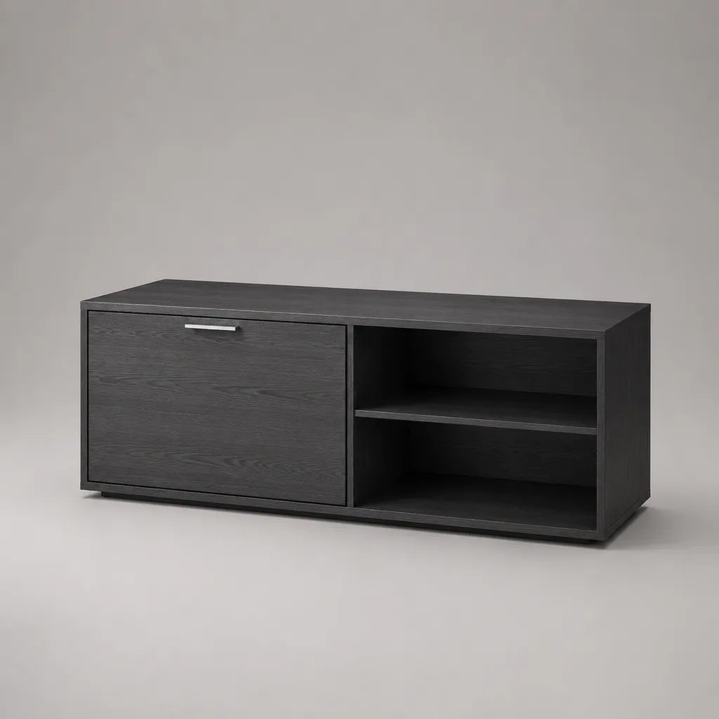 TV-Lowboard aus melaminbeschichteter Spanplatte mit Klapptür und 2 offenen Fächern, Schwarz, 120 × 40 × 50 cm
