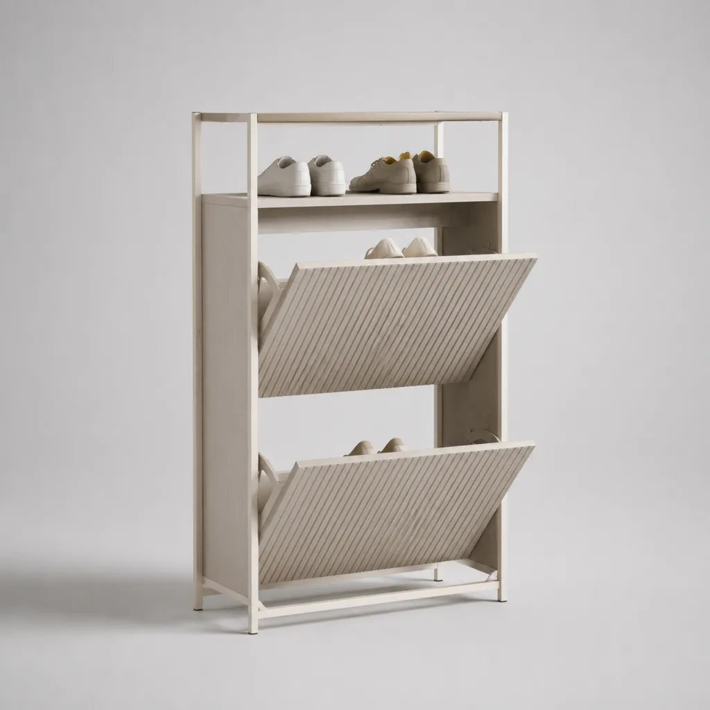Schuhschrank aus MDF und Stahl mit 2 Kippfächern und Ablage, Cremeweiß, 80 × 25 × 120 cm