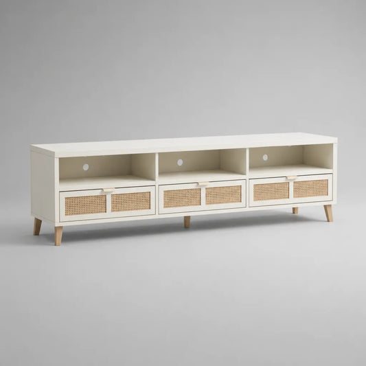 TV-Lowboard aus MDF und Rattangeflecht mit 3 Schubladen und 3 offenen Fächern, Weiß/Natur, 180 × 40 × 60 cm
