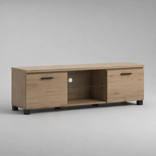 TV-Lowboard aus Spanplatte mit 2 Türen und Glasablage, Eiche natur und Schwarz, 160 × 40 × 60 cm