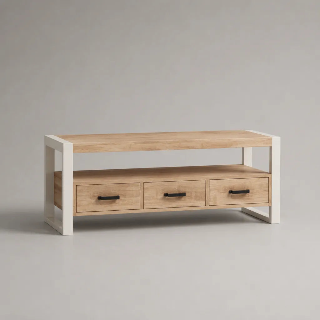 TV-Lowboard aus MDF mit Stahlgestell, 3 Schubladen und offener Ablage, Natur/Weiß/Schwarz, 120 × 40 × 60 cm
