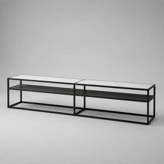 TV-Lowboard 2er-Set aus Stahl und Glas, Schwarz/Transparent, 200 × 40 × 45 cm