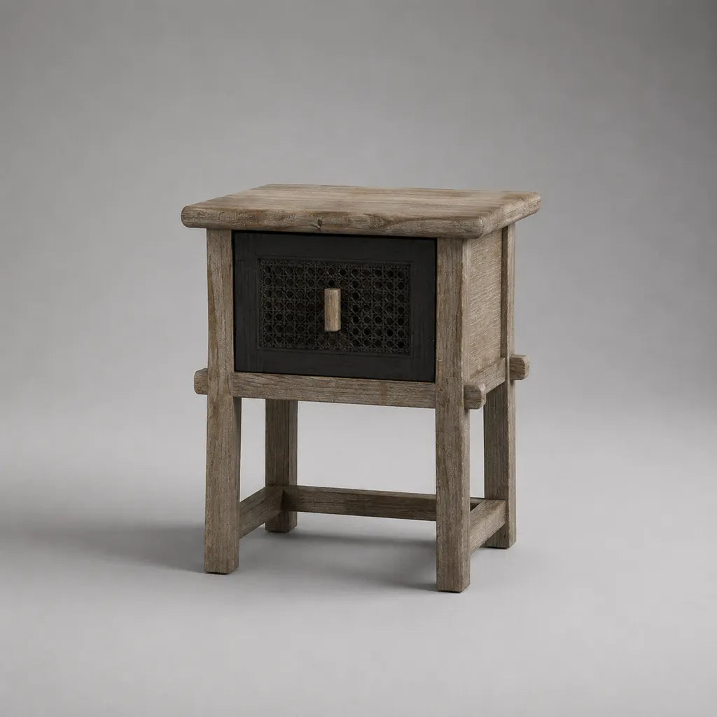 Nachttisch mit Schublade aus massivem Mangoholz und Rattan, Graubraun und Schwarz, 50 × 40 × 65 cm