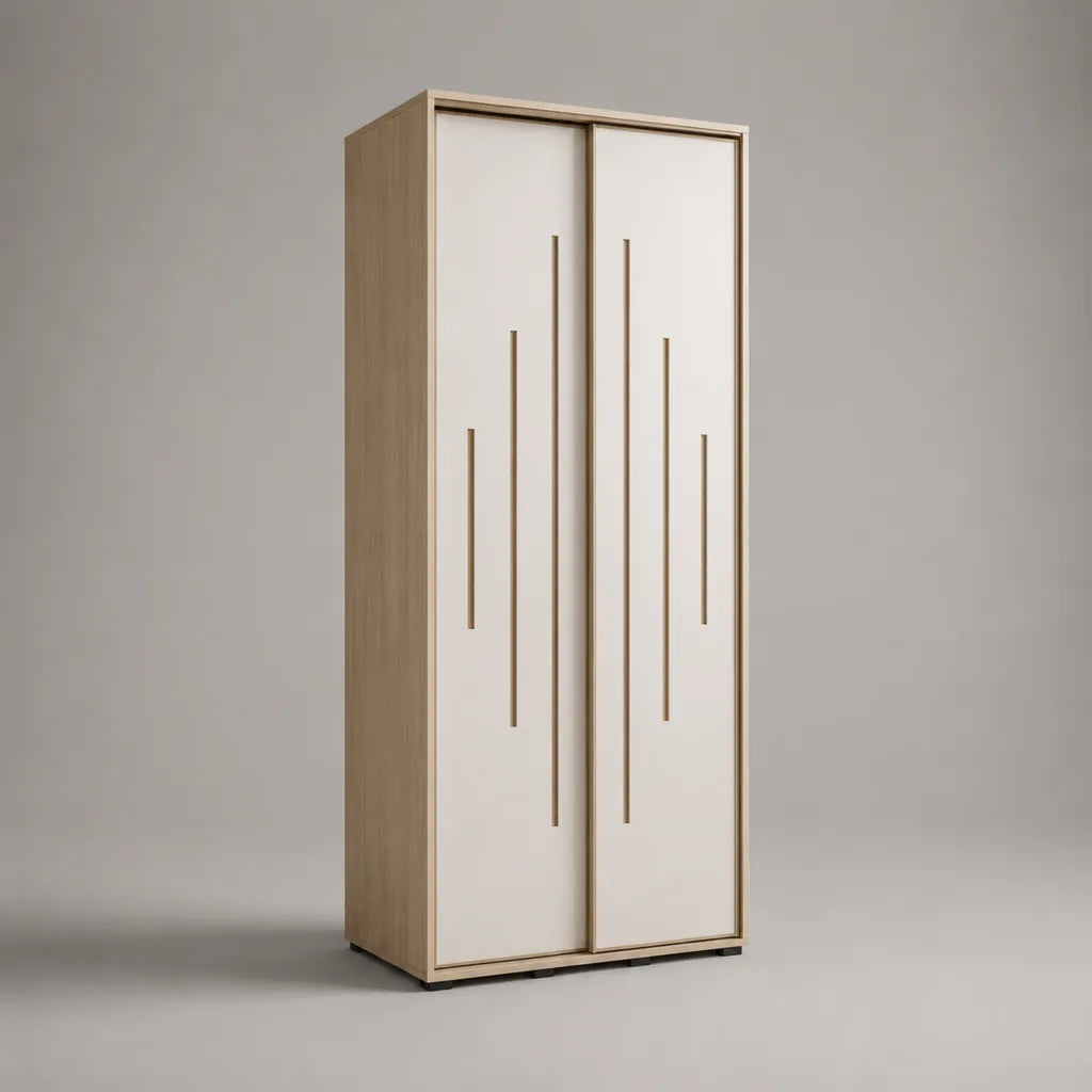 Kleiderschrank mit 2 Drehtüren aus melaminharzbeschichteter Spanplatte, Eiche Natur, Weiß und Goldfarben, 80 × 50 × 190 cm