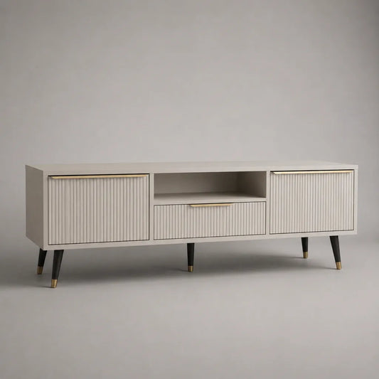TV-Lowboard aus MDF mit 2 Türen, 1 Schublade und offenem Fach, Hellgrau, 160 × 40 × 65 cm