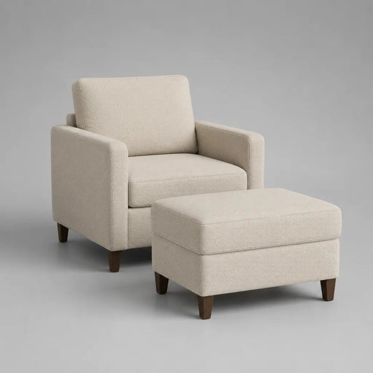 2-teiliges Sessel-Set mit Hocker, Polyesterbezug, Cremeweiß, Sessel 82 × 86 × 88 cm, Hocker 64 × 50 × 43 cm