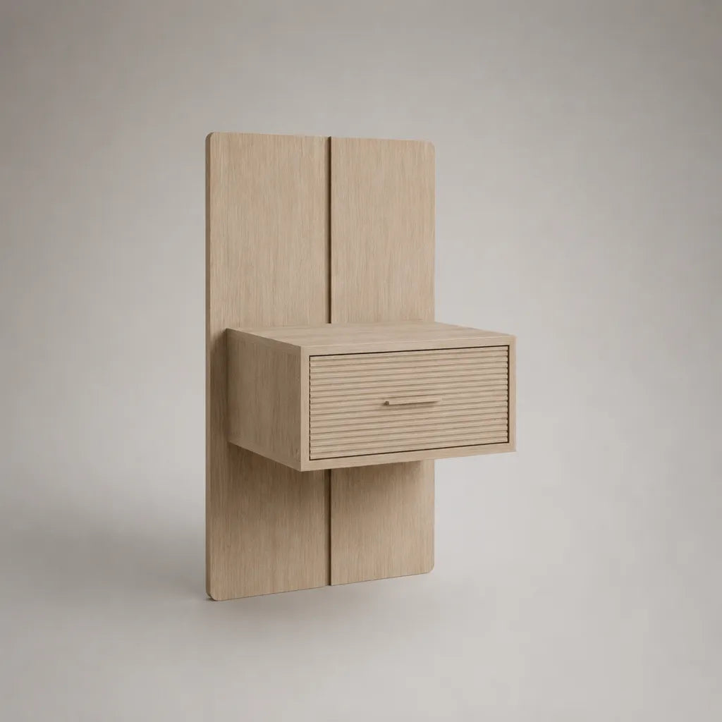 Wandhängender Nachttisch mit Schublade aus MDF mit Eichenfurnier, Natur, 40 × 30 × 80 cm