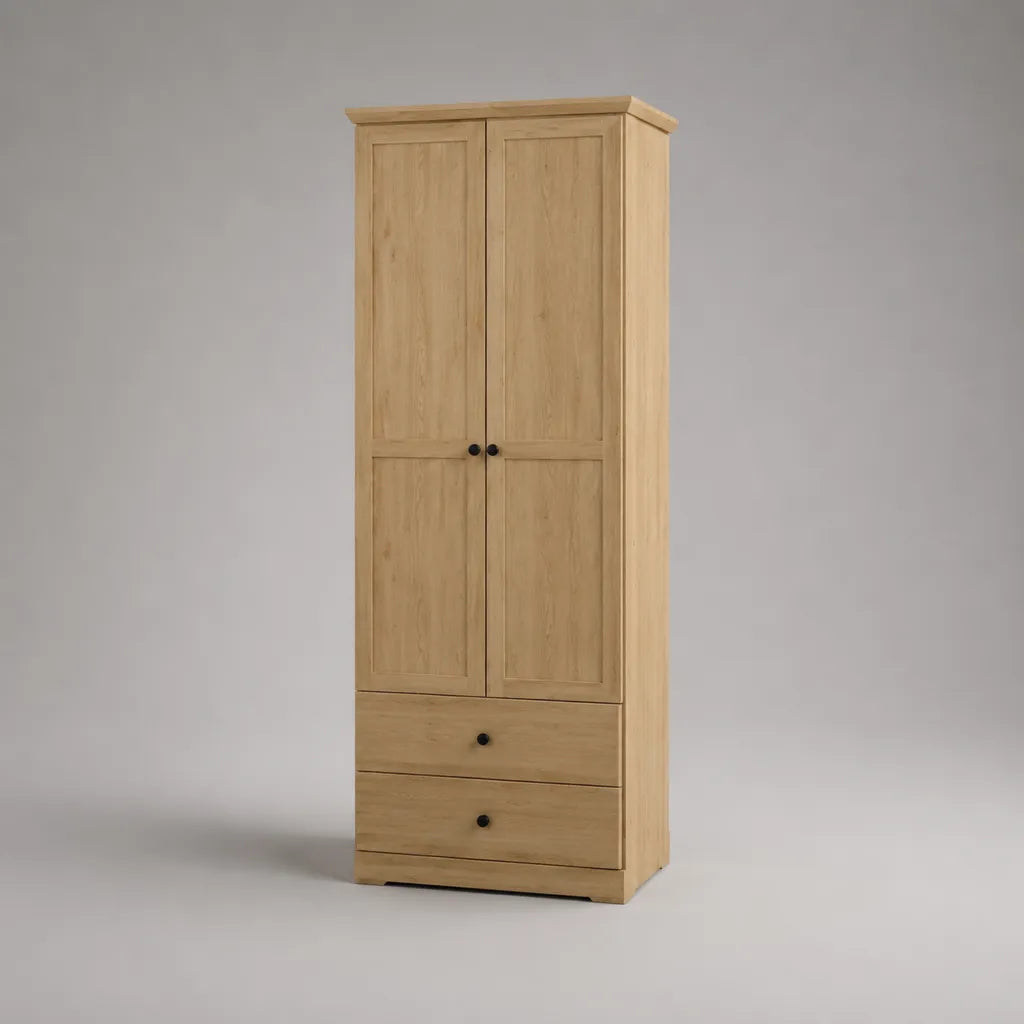 Kleiderschrank aus massiver Kiefer mit 2 Türen und 2 Schubladen, Naturfarben/Schwarz, 80 × 50 × 190 cm