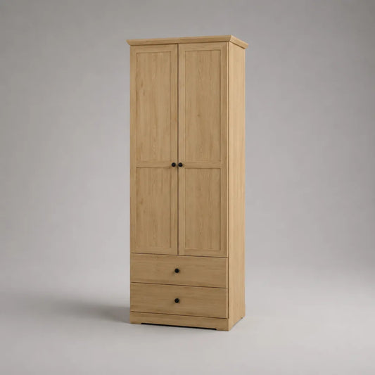 Kleiderschrank aus massiver Kiefer mit 2 Türen und 2 Schubladen, Naturfarben/Schwarz, 80 × 50 × 190 cm