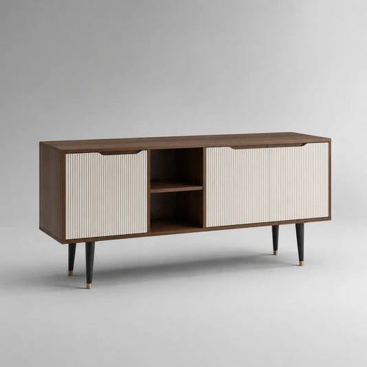 Fernsehschrank aus Spanplatte und MDF mit 3 Türen und 2 offenen Fächern, Walnussbraun und Cremeweiß, 160 × 40 × 75 cm