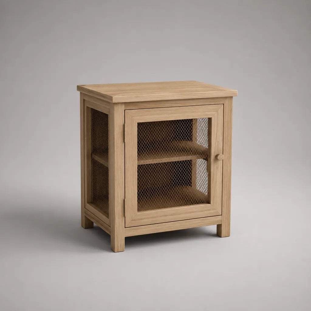 Nachttisch aus Holz und Metall mit Gittertür und 2 Ablagen, rechteckig, Naturbraun/Braun, 45 × 35 × 55 cm