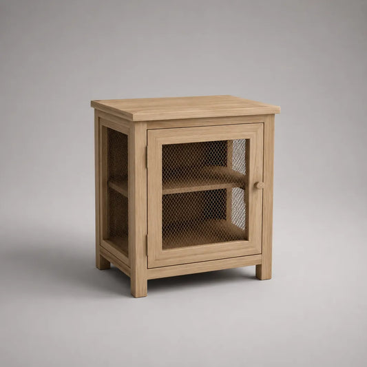 Nachttisch aus Holz und Metall mit Gittertür und 2 Ablagen, rechteckig, Naturbraun/Braun, 45 × 35 × 55 cm