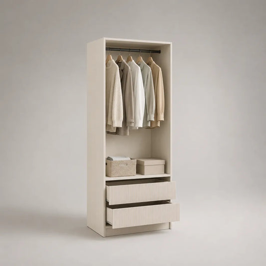 Offener Kleiderschrank aus melaminbeschichteter Spanplatte mit Kleiderstange und 2 Schubladen, Cremeweiß/Schwarz, 80 × 50 × 180 cm