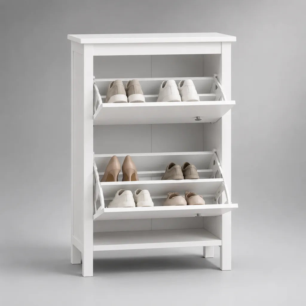 Rechteckiger Schuhschrank aus MDF mit 2 Kippfächern und Bodenablage, Weiß, 80 × 30 × 120 cm