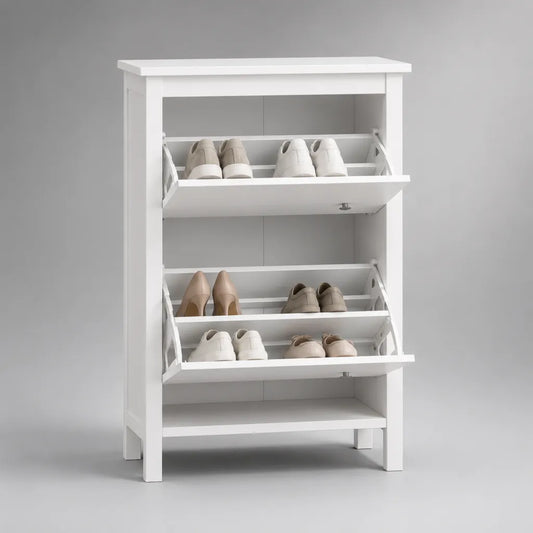 Rechteckiger Schuhschrank aus MDF mit 2 Kippfächern und Bodenablage, Weiß, 80 × 30 × 120 cm