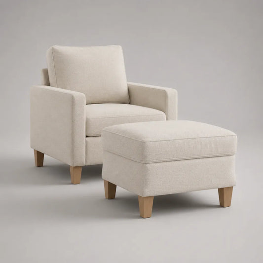 2-teiliges Polstersessel-Set mit rechteckigem Hocker, Polyester-Chenille, Creme/Natur, Sessel 78 × 82 × 88 cm, Hocker 65 × 52 × 43 cm