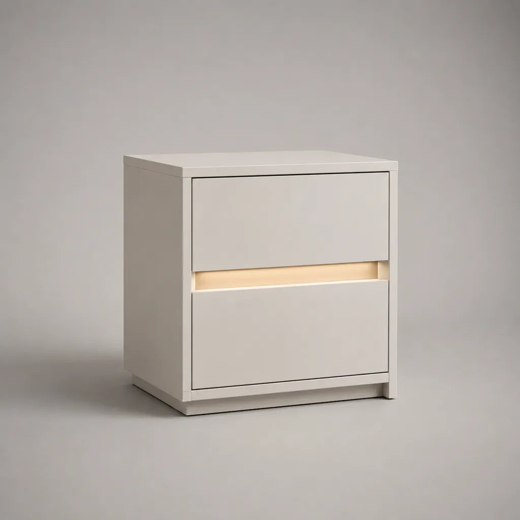 Nachttisch mit 2 Schubladen und LED-Beleuchtung, melaminbeschichtete Spanplatte, Weiß, 45 × 40 × 55 cm