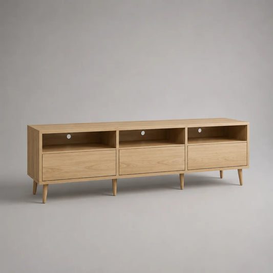 TV-Lowboard aus MDF mit Eichenfurnier, 3 Schubladen und 3 offenen Fächern, Eiche Natur, 180 × 40 × 65 cm
