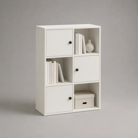Bücherregal aus melaminbeschichteter Spanplatte mit 6 Fächern und 3 Türen, Weiß und Schwarz, 60 × 30 × 90 cm