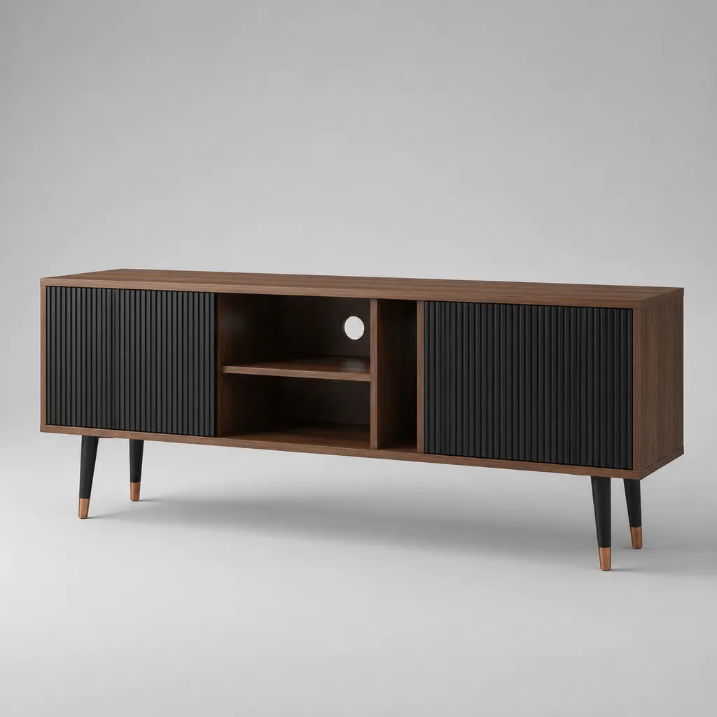 TV-Lowboard aus MDF und Spanplatte mit 2 Schiebetüren und Kabelführung, Nussbaumbraun/Schwarz/Kupferfarben, 160 × 40 × 75 cm